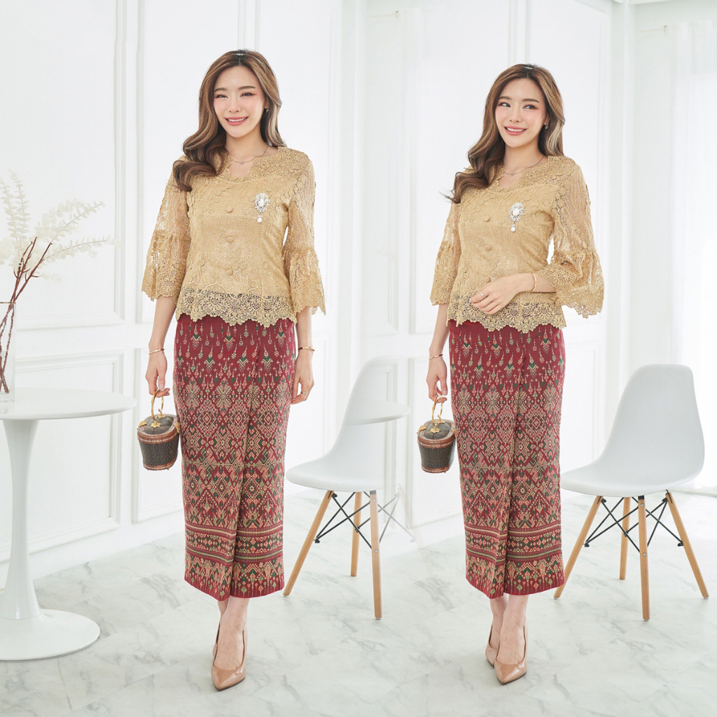 kudapy เซ็ทเสื้อลูกไม้ใยบวบดอกลอยเกรดพรีเมี่ยมสีส้ม/สีทอง มาพร้อมกับผ้าถุง ผ้าไหมแพรวากาฬสินทร์สำเร็จรูปอัดกาวอย่างดี