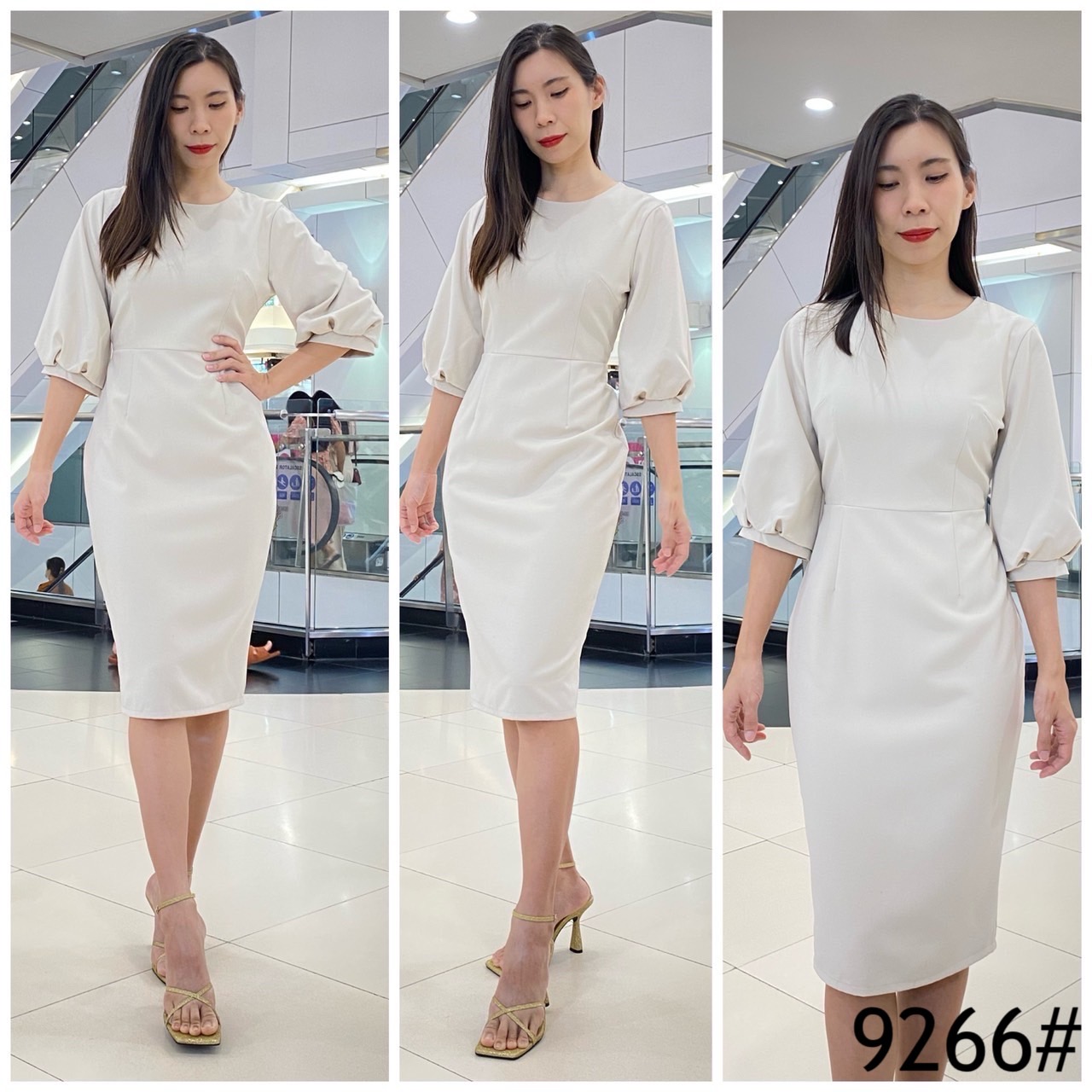 kudapy เดรสสั้นสีดำ/สีชมพู/สีครีมเบจ/สีแดง/สีน้ำเงิน/สีเขียว/สีครีมนู๊ด กระโปรงเก็บทรง แขนสามส่วนปลายพอง