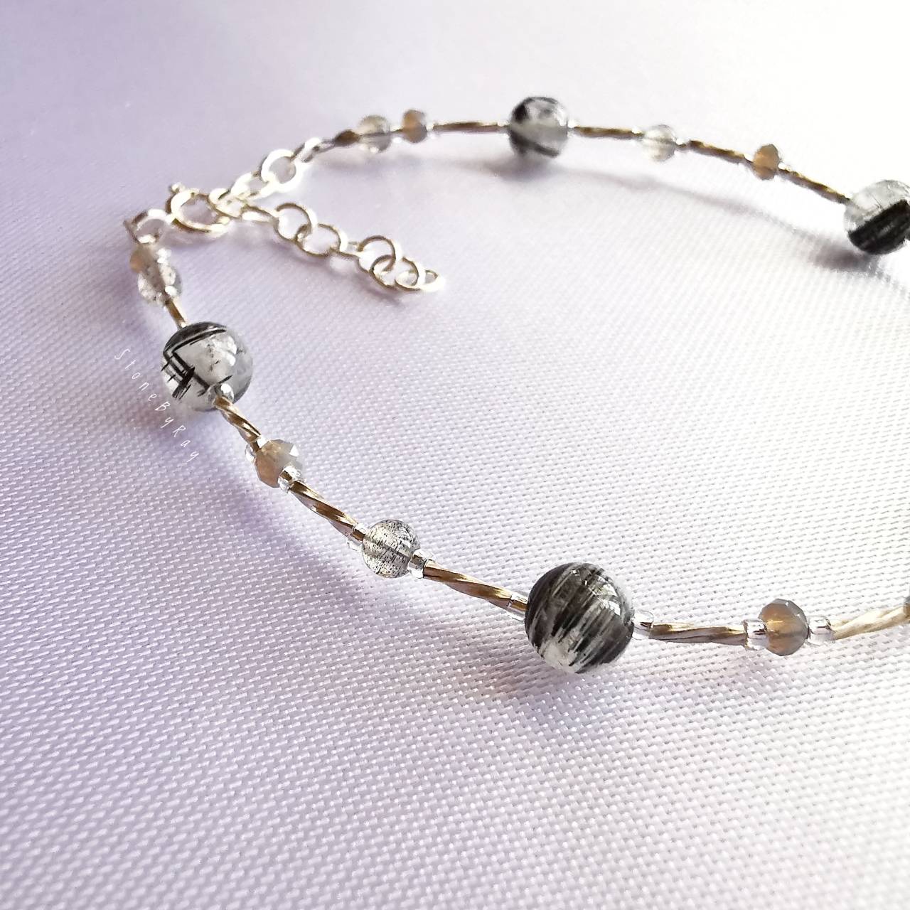 สร้อยข้อมือเงินหินลาบราโดไลท์+หินไหมดำ Labradorite+Black Tourmaline Quartz