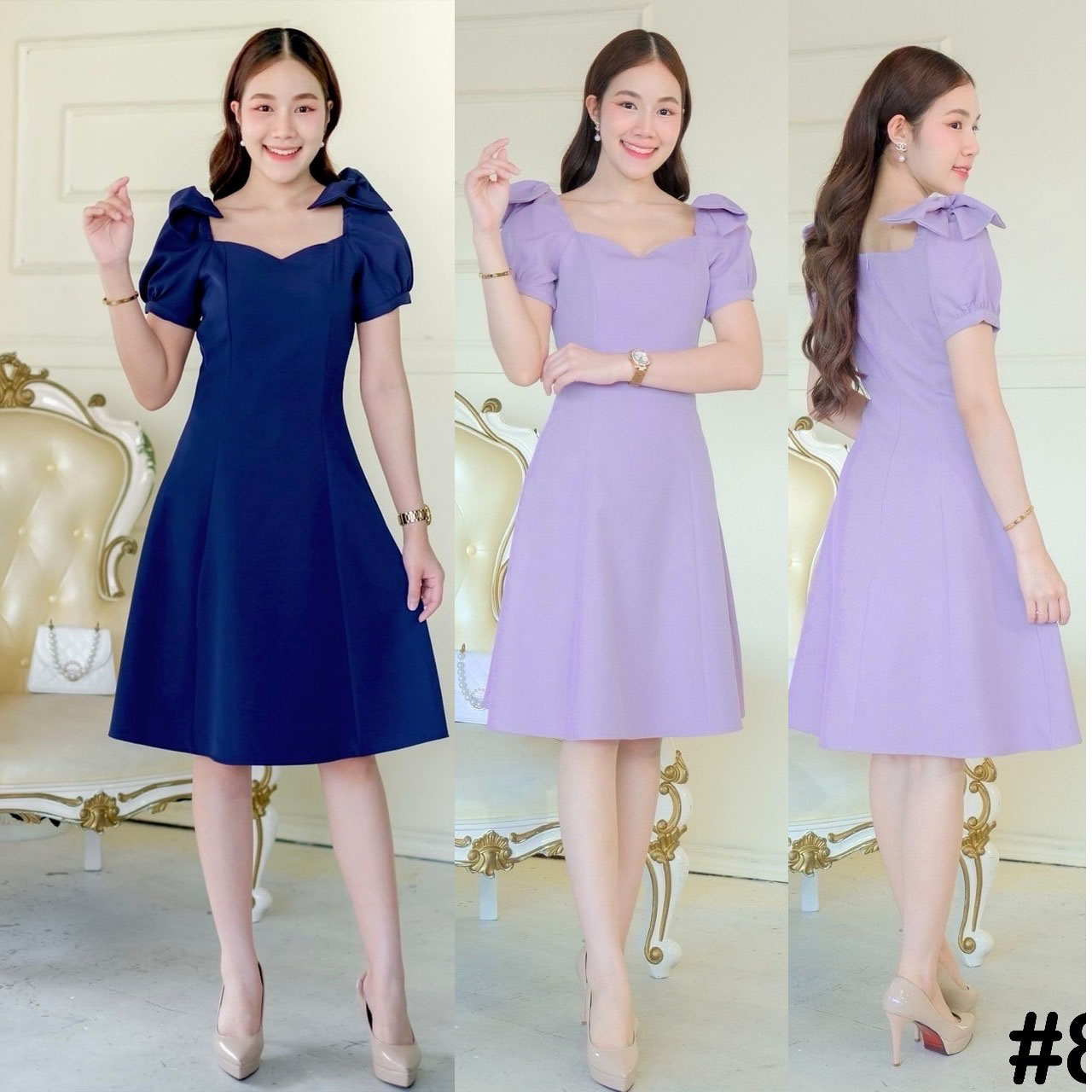 kudapy เดรสสั้นสีกรม/สีม่วง แขนตุ๊กตา ดีเทลบ่าโบว์ ทรงอกหัวใจ ปิดหัวไหล่ โบว์ปกบ่า เปิดหัวไหล่ โชว์โบว์