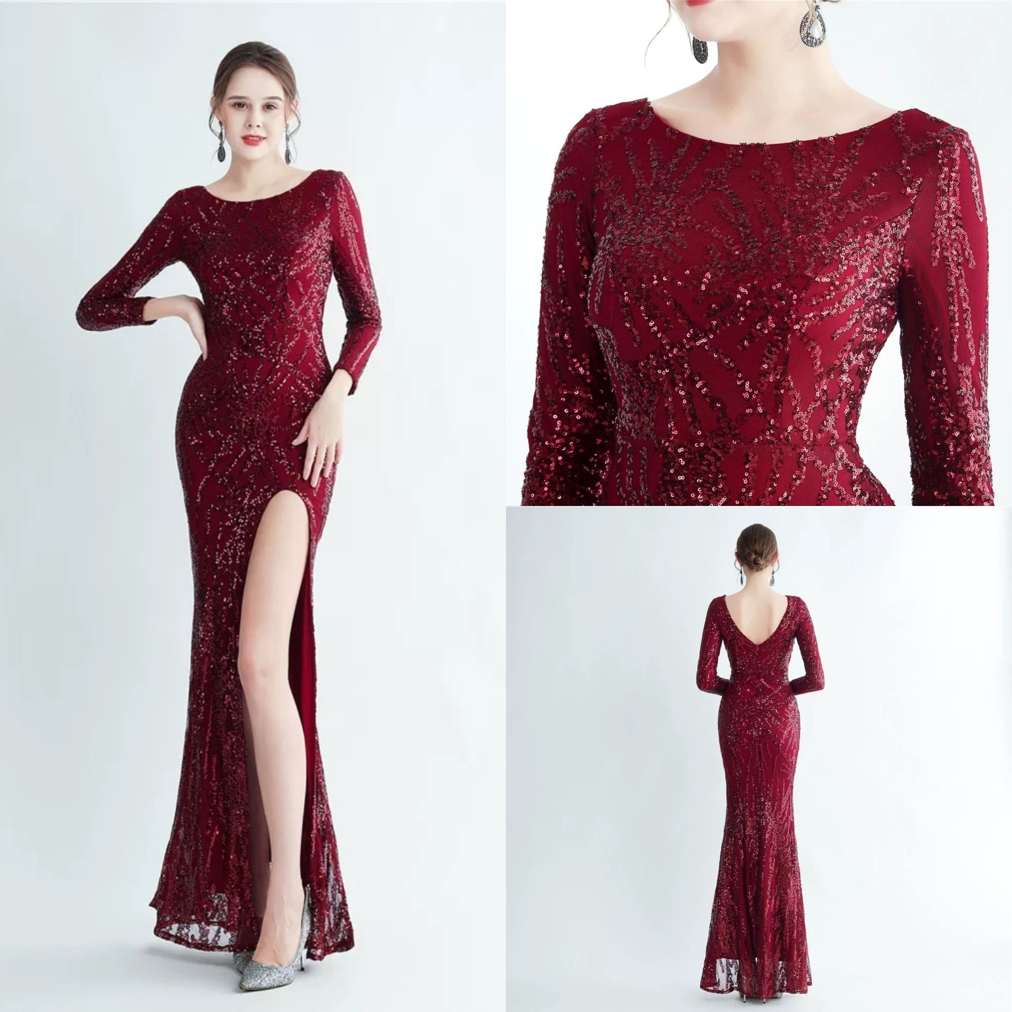 kudapy ชุดราตรียาวผ้ากริสเตอร์ เดรสคอกลมเปิดกว้างแขนยาว โชว์อก ผ้าแต่งลายเพชร S M L XL