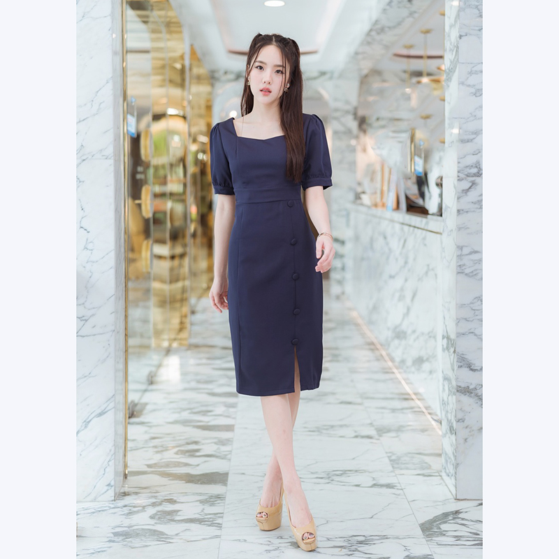 kudapy เดรสสั้นสีกรม,ชมพู ใส่ทำงานแต่งกระดุมสวยดูดี