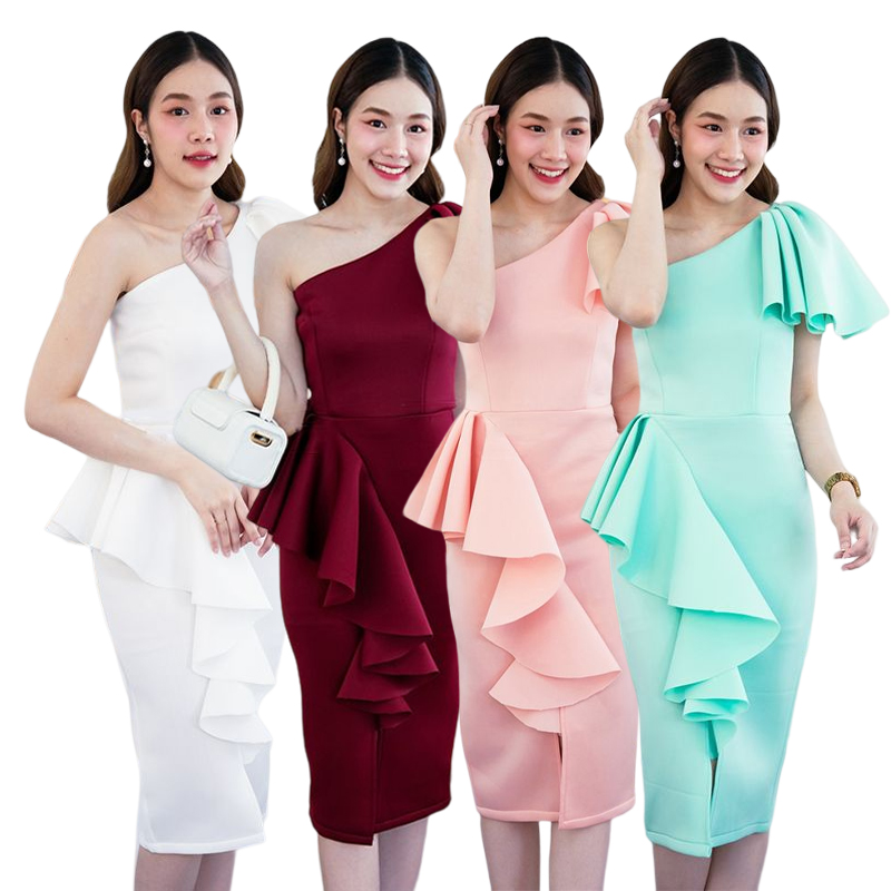 kudapy เดรสสั้นไหล่เฉียงข้าง เดรสไปงานไหล่เดี่ยวเฉียงข้างสีเขียวมิ้นท์ สีขาว สีแดงไวน์ สีชมพูโอรส แต่งระบายไหล่ ด้านหน้าช่วงเอวระบายเลเยอร์ มีซับใน ซิบหลังอย่างดี