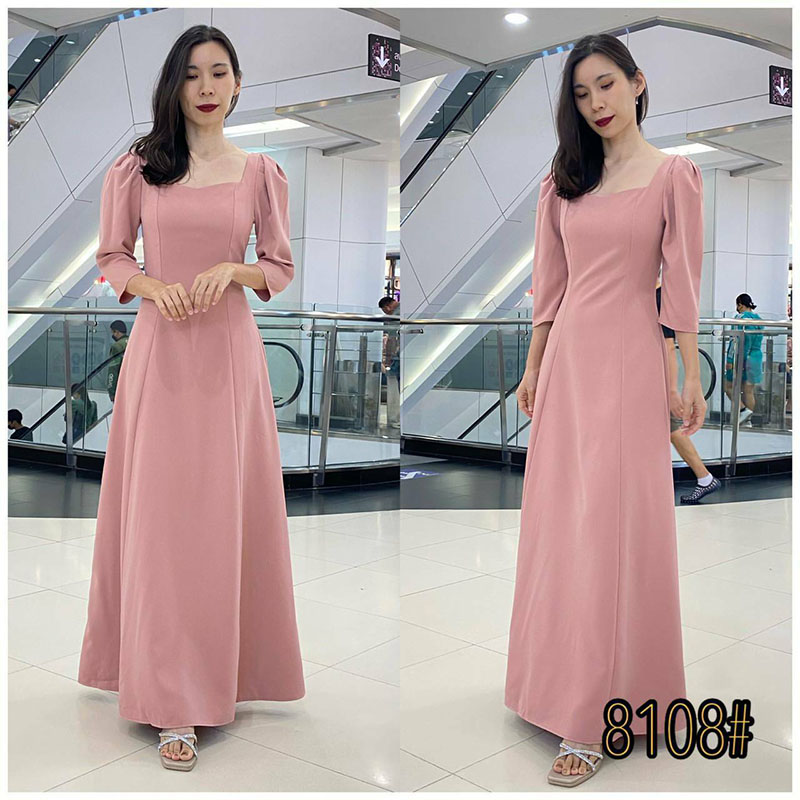 kudapy เดรสยาวสีกรม/สีชมพู/สีครีม/สีเขียวมิ้น คอลึก เดรสออกงานผ้าซาติน ใส่สบายตัวสวยดูดีมากๆ