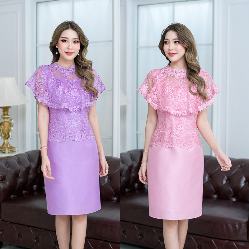 kudapy เดรสสั้นไปงานแต่งสีชมพู/สีม่วง ผ้าลูกไม้เงาผสมผ้าไหม มีซับใน ซิบหลัง