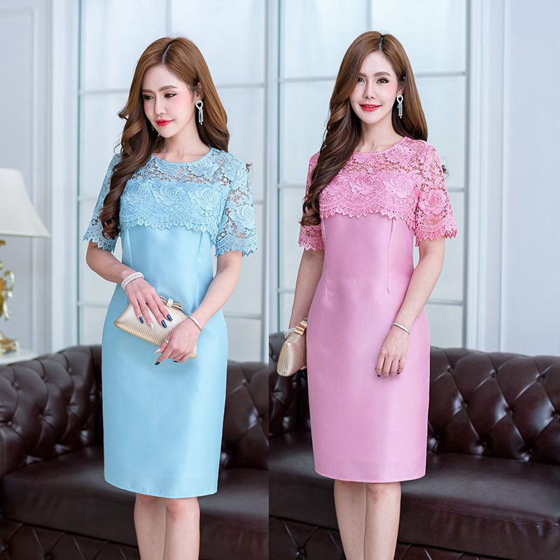 kudapy เดรสสั้นออกงานสีชมพู/สีฟ้า ผ้าลูกไม้เนื้อเงาทอลายแน่นมาก เกรดสวยอย่างดี