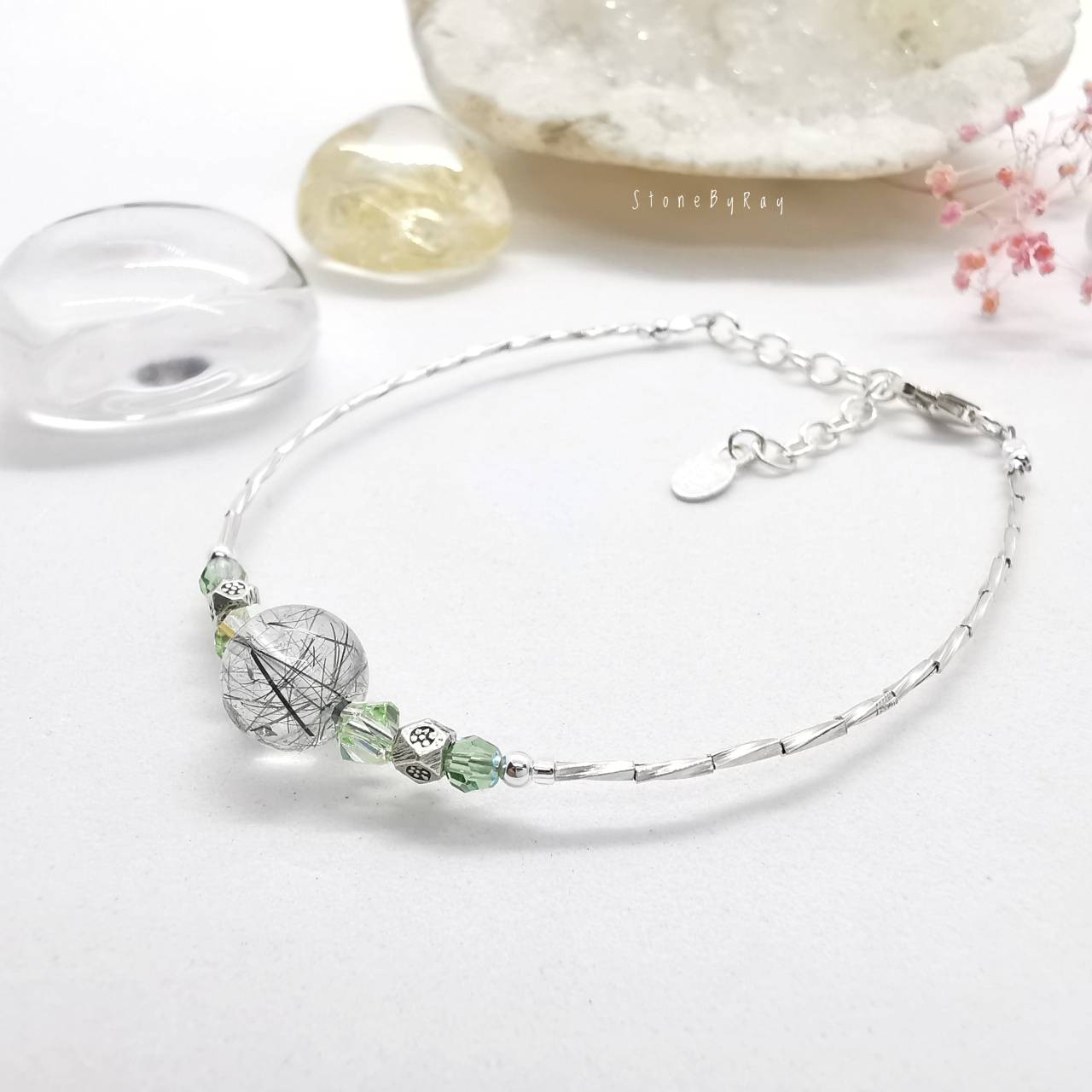 สร้อยข้อมือเงินหินไหมเขียว Green Rutile Quartz