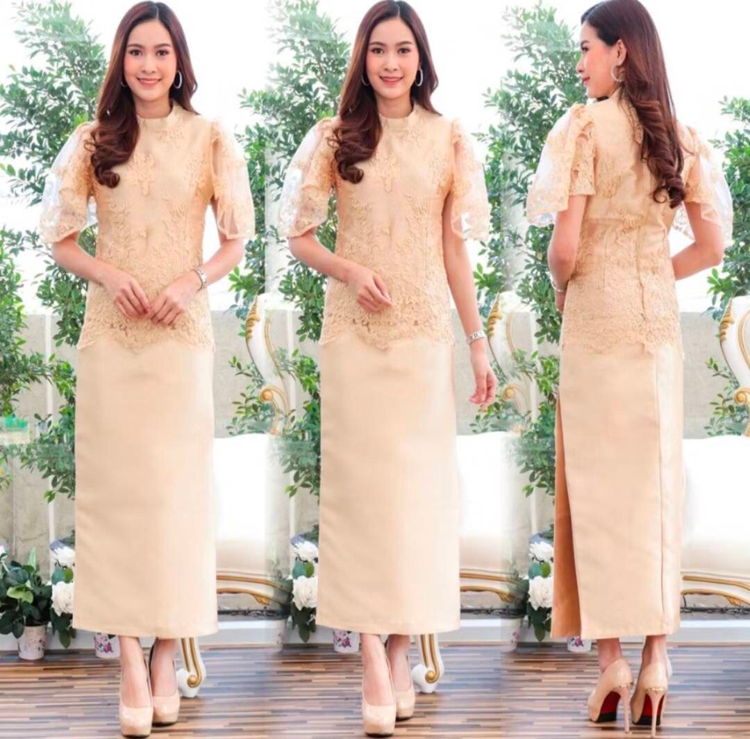 kudapy ชุดเซตออกงานสีเหลืองทอง คอปีน แขนพอง เอวทรงปล่อย แมทกับกระโปรงผ้าไหมจีบข้าง ซิบหลังอย่างดี