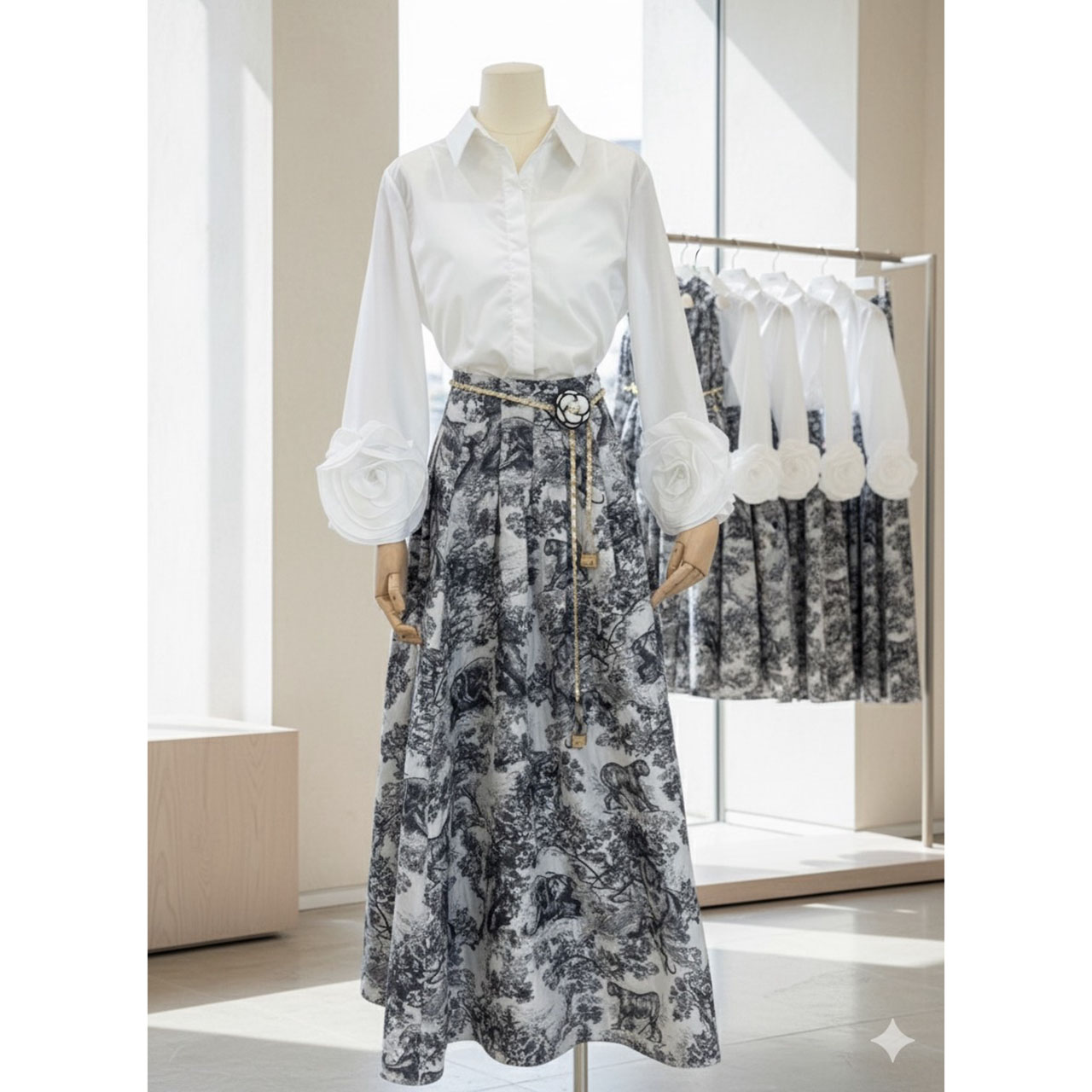 kudapy เซ็ทเสื้อเชิ้ตแขนกุหลาบมาพร้อมกระโปรงยาวพิมพ์ลาย