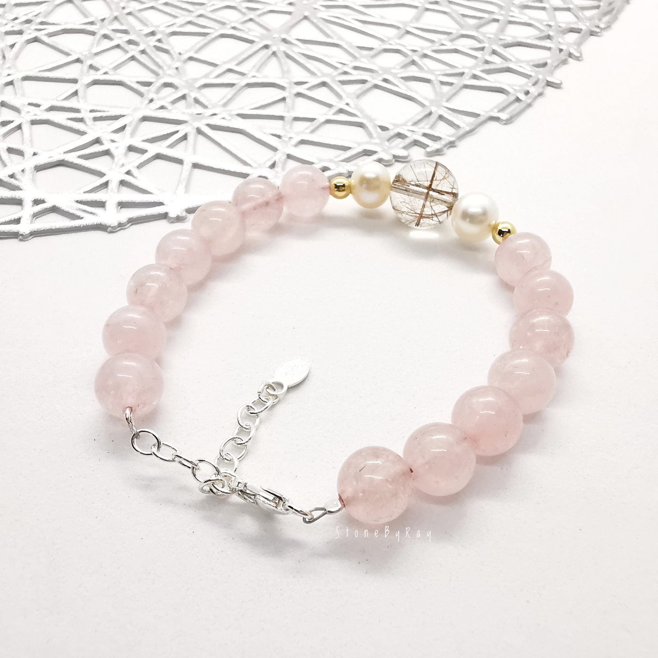 สร้อยข้อมือเงินหินโรสควอตซ์+ไข่มุกแท้+หินไหมเศรษฐี