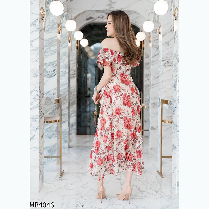 kudapy เดรสยาวสีแดง/สีเหลือง ปาดไหล่ระบายกุหลาบใส่สวยดูดีคุณหนูมากๆ