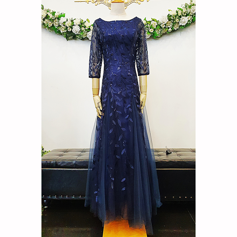 kudapy เดรสยาว ชุดราตรียาวสีแดง/สีครีมทอง/สีน้ำเงิน เดรสออกงานปักลายใบไม้แขนสามส่วน กระโปรงทรงหางปลา เรียบหรูดูแพง สวยดูดี แบบสวยทันสมัย ใส่ออกงาน