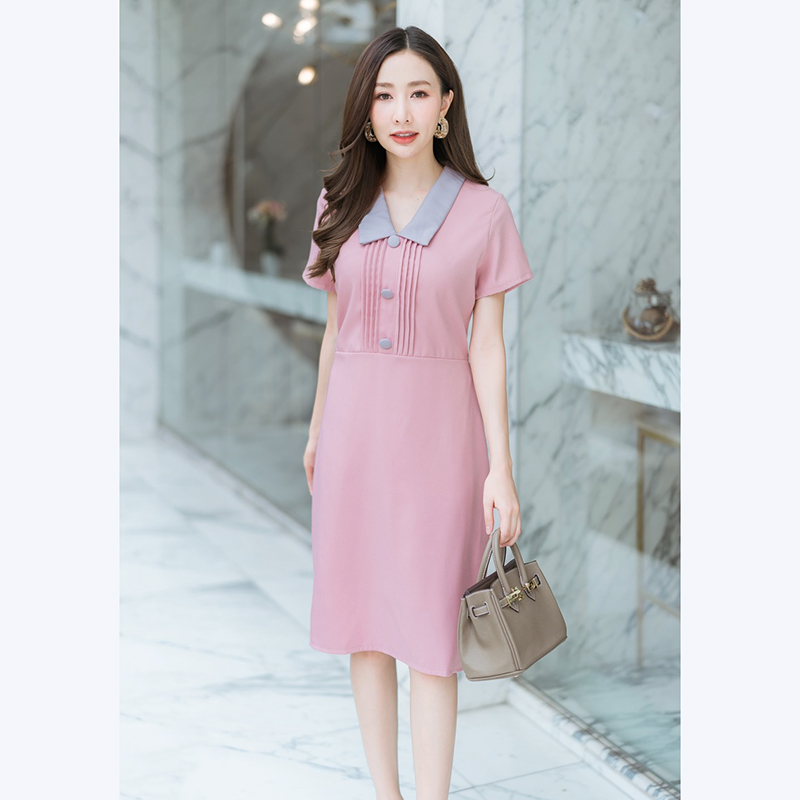 kudapy เดรสสั้นสีชมพู,ม่วง,สีเขียว คอปกจีบอกเนื้อผ้าดีใส่สบาย