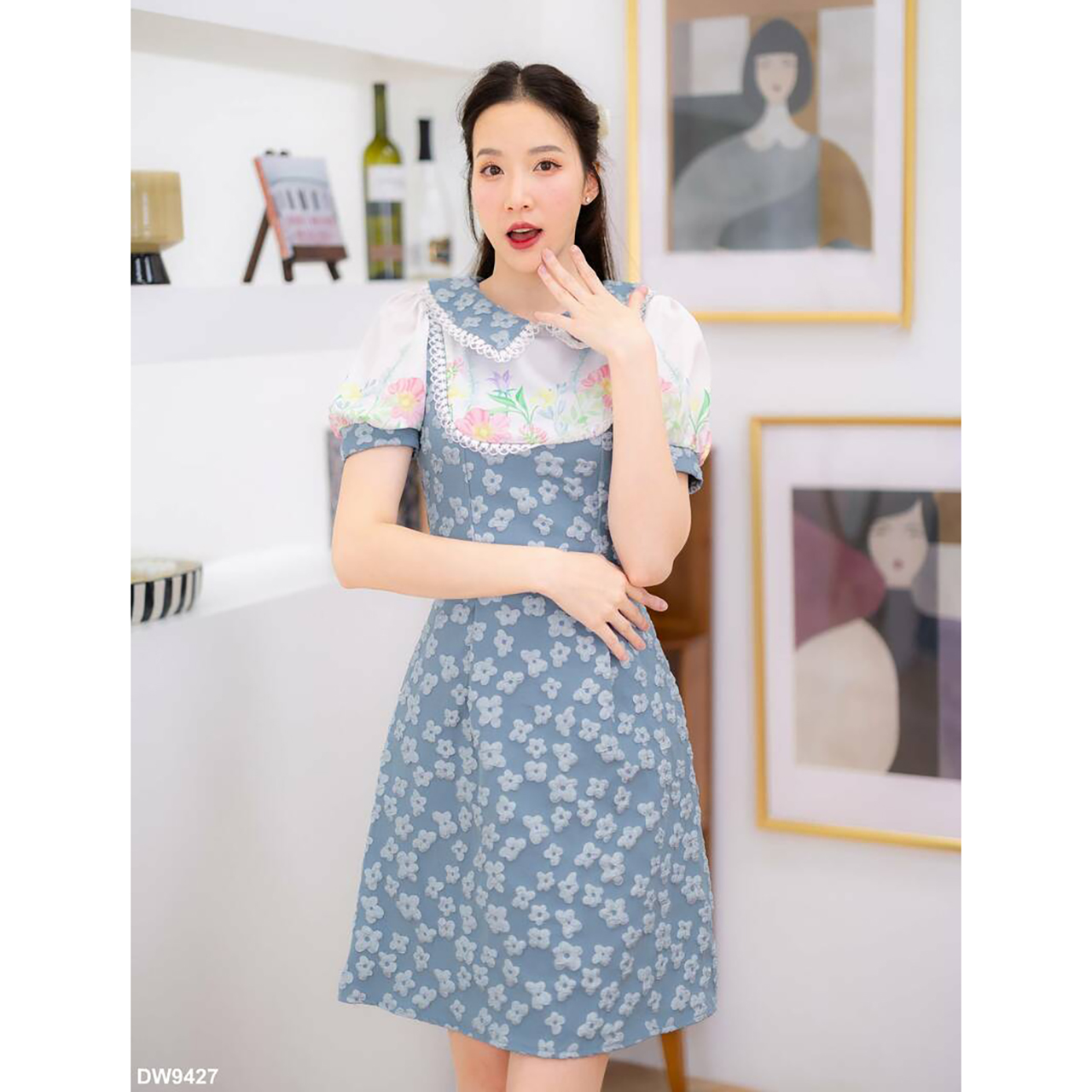 kudapy เดรสสั้นสีคราม/สีชมพู/สีแดง ทรงบานผ้าแจคกาดปักคดอก