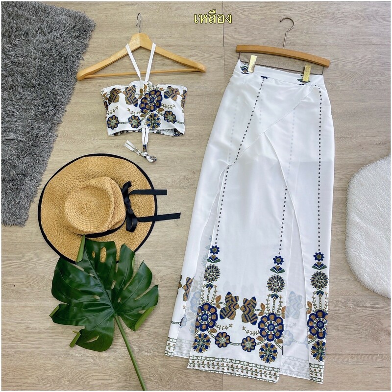 kudapy Set 2 ชิ้น เสื้อเกาะอก คล้องคอ พิมพ์ลาย ดอกไม้+ กางเกงกระโปรงปล่อย ชุดเที่ยวทะเลชิลๆ