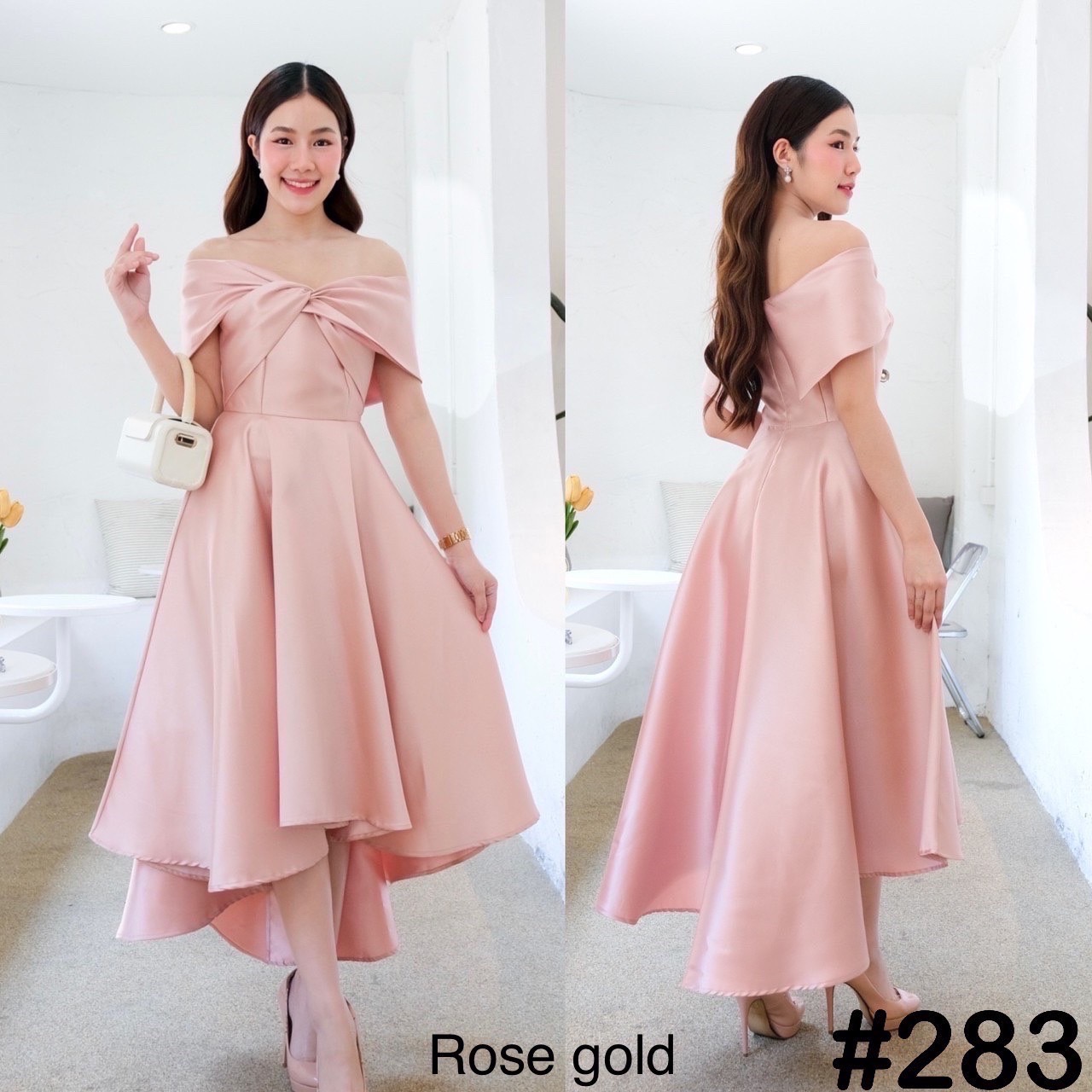 kudapy เดรสหน้าสั้นหลังยาวสีเขียว ทอง เทา ชม กรม แดง โรสโกล ขาว เปิดบ่าTwistอกใหญ่ ปิดพรางซ้อนแขน แบบอลังๆ แต่ไม่เวอร์วัง กระโปรงทรงหน้าสั้นหลังยาว