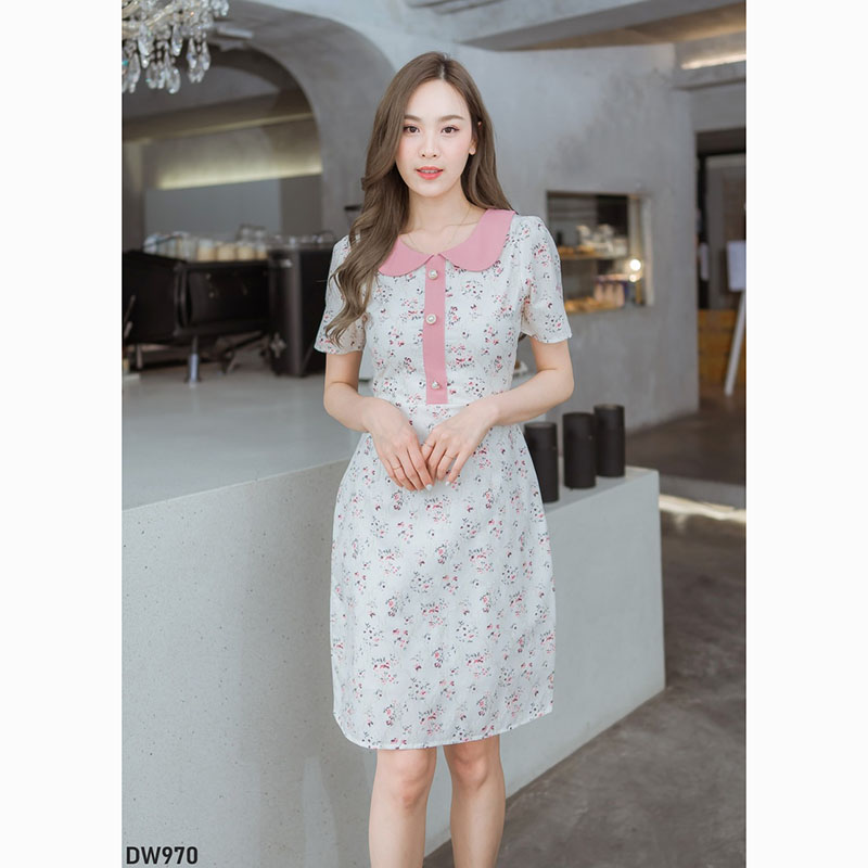kudapy เดรสสั้นสีชมพู/สีฟ้า/สีน้ำตาล ลายดอกปกคอบัว ใส่เที่ยว ออกงานสวย ใส่สบายตัวมากๆ