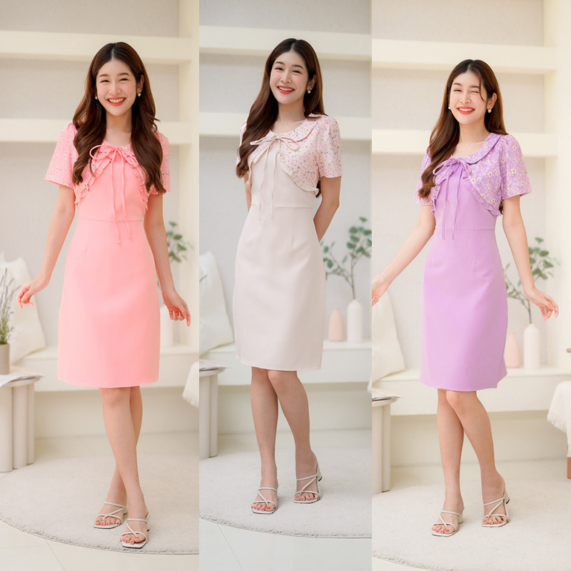 kudapy เดรสสั้นสีม่วง/สีชมพู/สีครีม คอบัวลายดอกแต่งเชือก