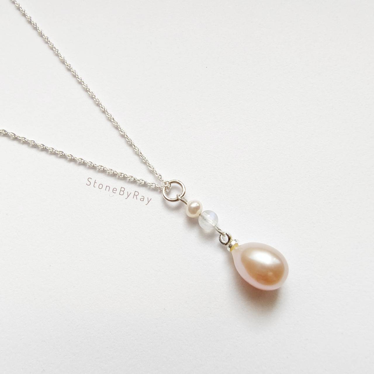 Setสร้อยคอเงินจี้ไข่มุกแท้กับหินมูนสโตน Pear&Moonstonel