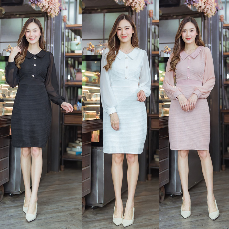 kudapy เดรสสั้นสีขาว/สีดำ/สีชมพู คอปกแขนยาวแต่งกระดุม