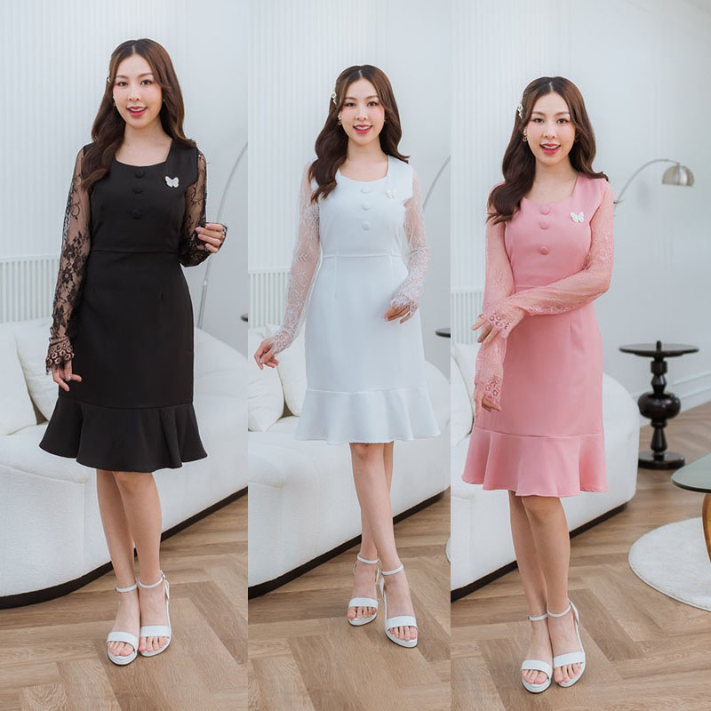 kudapy เดรสสั้นสีดำ/สีชมพู/สีขาว แขนยาวชีฟอง เนื้อเดรสผ้าเรียบ ติดเข็มกลัดผีเสื้อ เรียบร้อย อ่อนหวานมากก