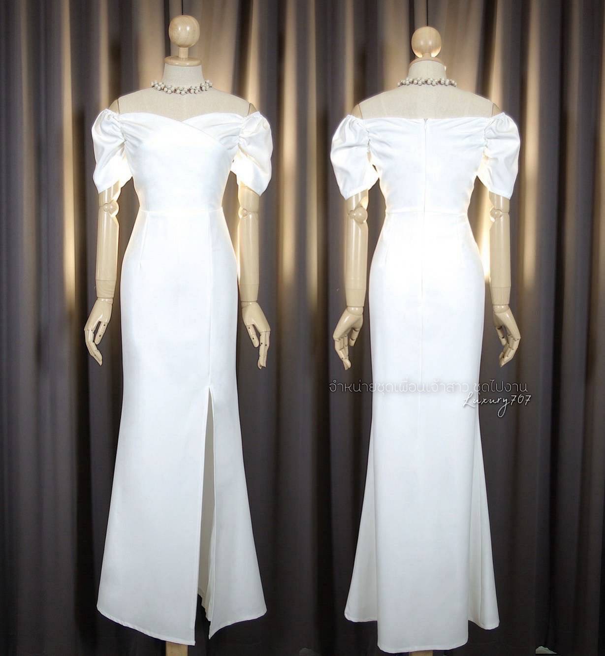 kudapy เดรสยาวสีชมพู/สีเงิน/สีทอง แขนสั้นจีบทิวลิป เปิดบ่า แขนสั้นคอเหลี่ยม กระโปรงหางปลาผ่าหน้า