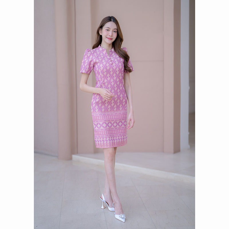 kudapy เดรสสั้นสีเทา/สีกรม/สีชมพู ผ้าไทยคอปีนลายขอ