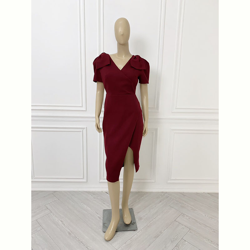 kudapy เดรสสั้นสีแดง/สีชมพู สวยออกงาน/ทำงาน เรียบหรูแต่งโบว์ไหล่ทรงเอผ่าข้าง งานไฮ มีซิปหลัง มีซับในหน้า