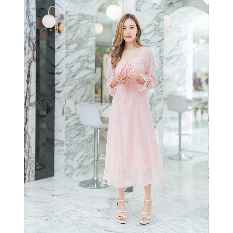 kudapy เดรสยาวสีกรม/สีขาว/สีชมพู แขนยาวลูกไม้ซีทรู สวยดูดีใส่สบายตัว