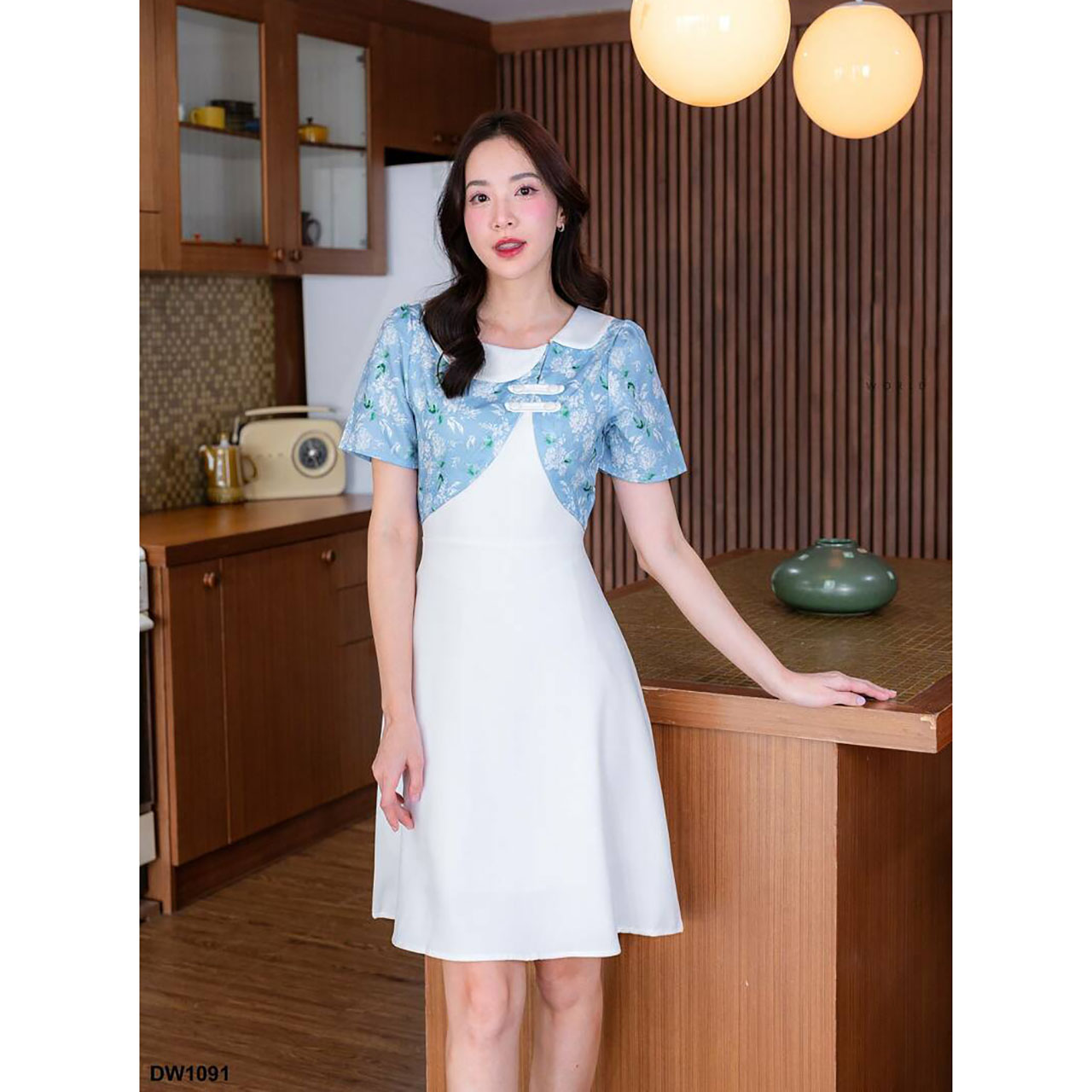 kudapy เดรสสั้นสีแดง/สีฟ้า ผ้าแจ็คการ์ดคอปก ใส่สบายสวยดูดีน่ารัก