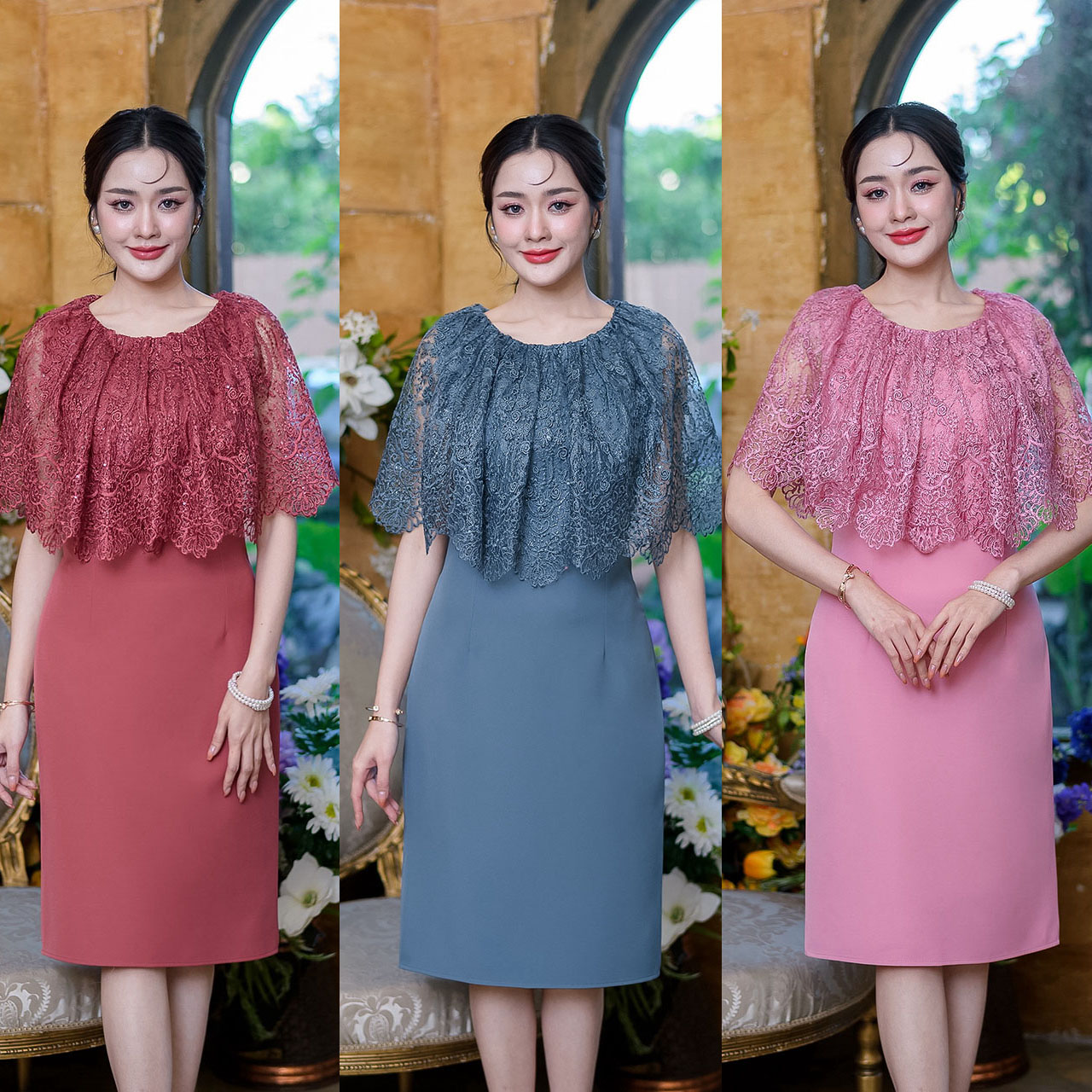 kudapy เดรสสั้นสีชมพู/สีฟ้าคราม/สีปูนแดง ข่วงเสื้อเป็นงานผ้าลูกไม้พรีเมี่ยม สวยหรู เนื้อผ้าทอลายอย่างดี ตกแต่งเลื่อมผ้าจริงสวยมาก