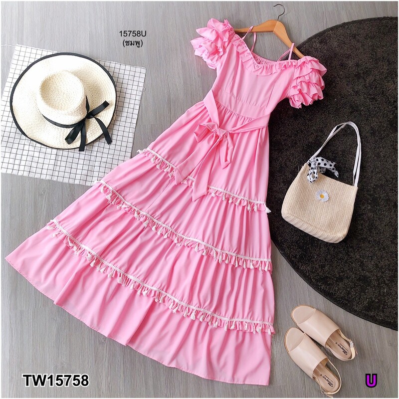 kudapy แม็กซี่เดรสสีชมพู ม่วง ม่วงอ่อน เขียว โอรสเข้ม สายเดี่ยวเว้าไหล่ แขน 2 ข้างระบายชั้น ผ้าไหมอิตาลี่ ระบายชั้นๆ