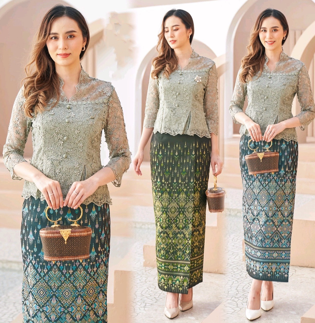 kudapy เซ็ทเสื้อลูกไม้สีชมพูม่วง/สีเขียว ผ้าใยบัวฝรั่งเศษพรีเมี่ยม+ผ้าถุงเป็นผ้าไหมแพรวากาฬสินทร์สำเร็จรูปอัดกาวอย่างดี