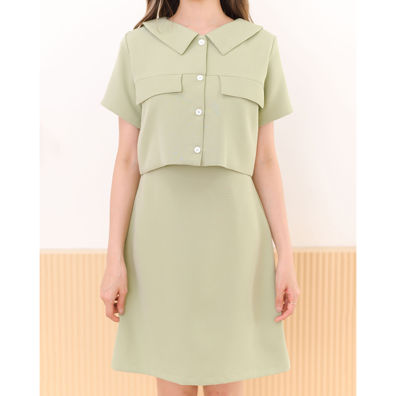 kudapy kudapy เดรสสั้นสีมัทฉะ/สีดำ/สีโอรส คอปก กระดุมอกแกะได้จริง สวยปัง