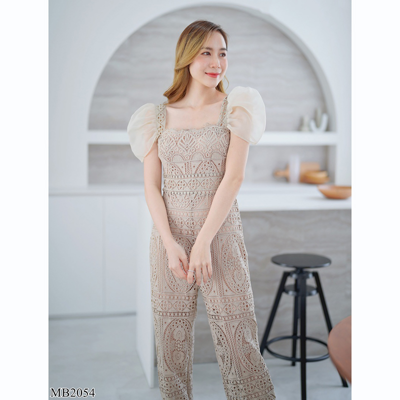 kudapy จั๊มสูทขายาวสีน้ำตาล/สีชมพู ลูกไม้แขนระบายผ้าสวยใส่สบายดูดีน่ารัก