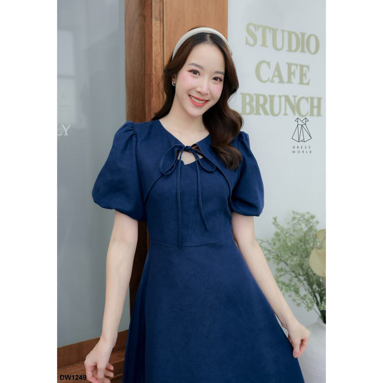 kudapy เดรสสั้นสีเหลือง/สีชมพู/สีกรม แขนตุ๊กตาผูกโบว์กระโปรงบาน ใส่สบายสวยดูดี