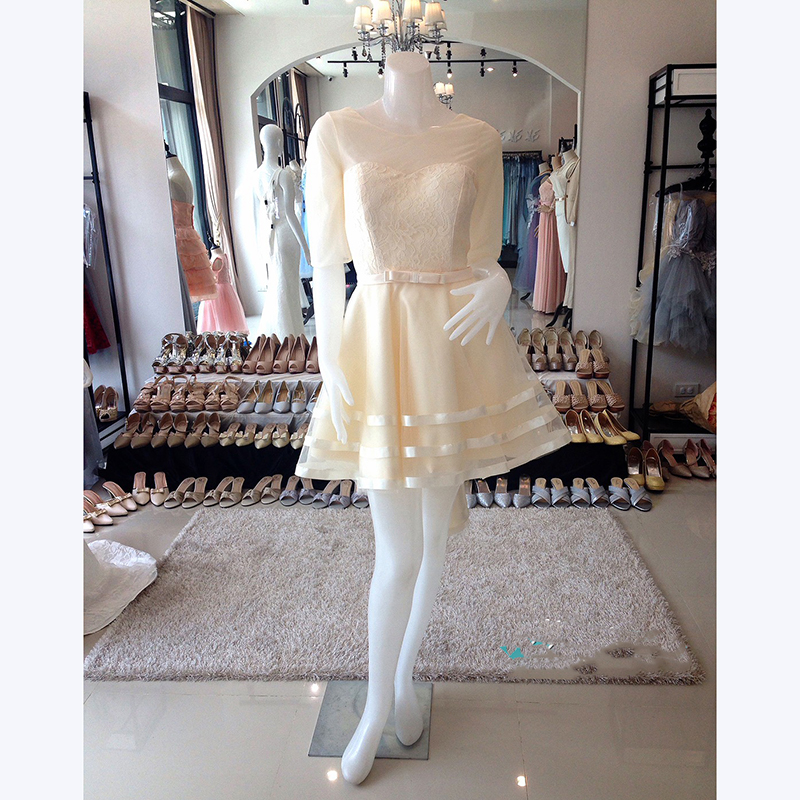 kudapy ชุดราตรีสีครีม แขนยาว หน้าสั้นหลังยาว แบบหน้าสั้น/หลังยาว สวยเก๋ กระโปรงตาข่าย (เชือกผูกหลัง)