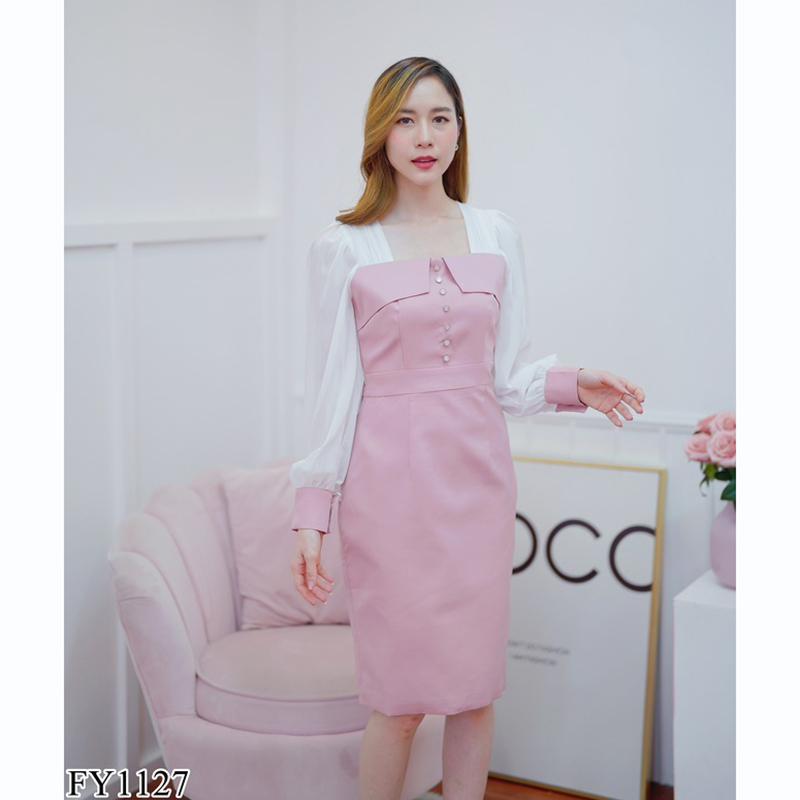 kudapy เดรสสั้นสีชมพู/สีน้ำตาล .แขนยาวแต่งกระดุมมุกสวยดูดี