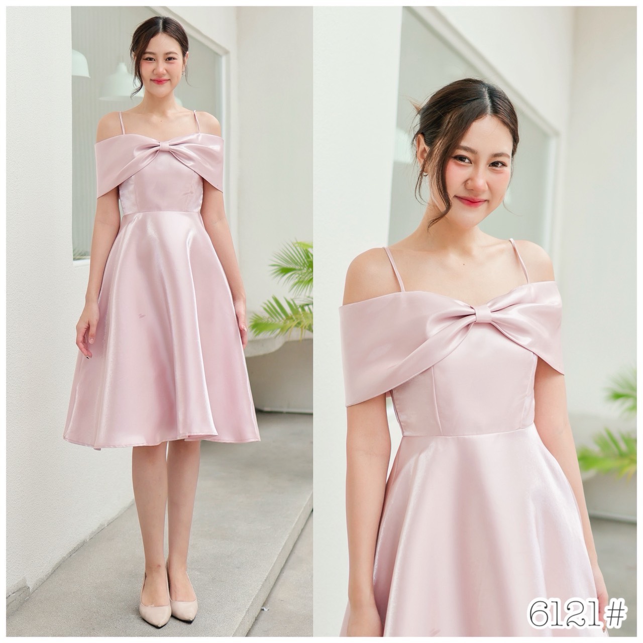 kudapy เดรสสั้นเปิดบ่า โบว์อก กระโปรงบาน เอวสูงความยาวปิดเข่า