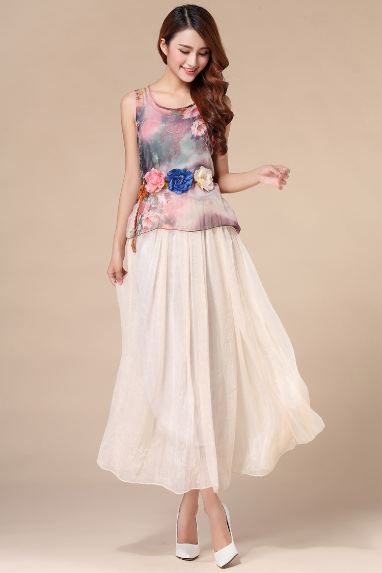 kudapy เซ็ตเสื้อแขนกุด+กระโปรงยาวผ้าชีฟองสีครีม พร้อมเข็มขัดเหมือนแบบ