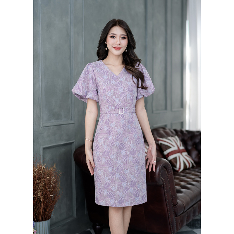 kudapy เดรสสั้นสีเขียว/สีม่วง ลูกไม้แขนสั้นบอลลูนเข็มขัดเพชร ผ้าลูกไม้ลายสวยอัดกาว เป็นแขนบอลลูนพองปลายจั้มด้านใน
