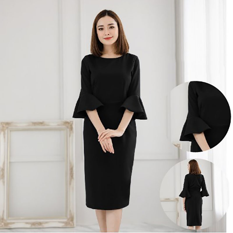 kudapy เดรสสั้นสีดำ ทรงสอบ เสื้อคอกลม แขนกระดิ่งห้าส่วน ทรงขายดี สวยสง่า สวยลงตัว เนื้อผ้าหนา ผ้าฮานาโกะ