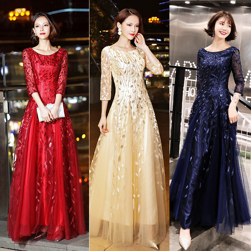 kudapy เดรสยาว ชุดราตรียาวสีแดง/สีครีมทอง/สีน้ำเงิน เดรสออกงานปักลายใบไม้แขนสามส่วน กระโปรงทรงหางปลา เรียบหรูดูแพง สวยดูดี แบบสวยทันสมัย ใส่ออกงาน