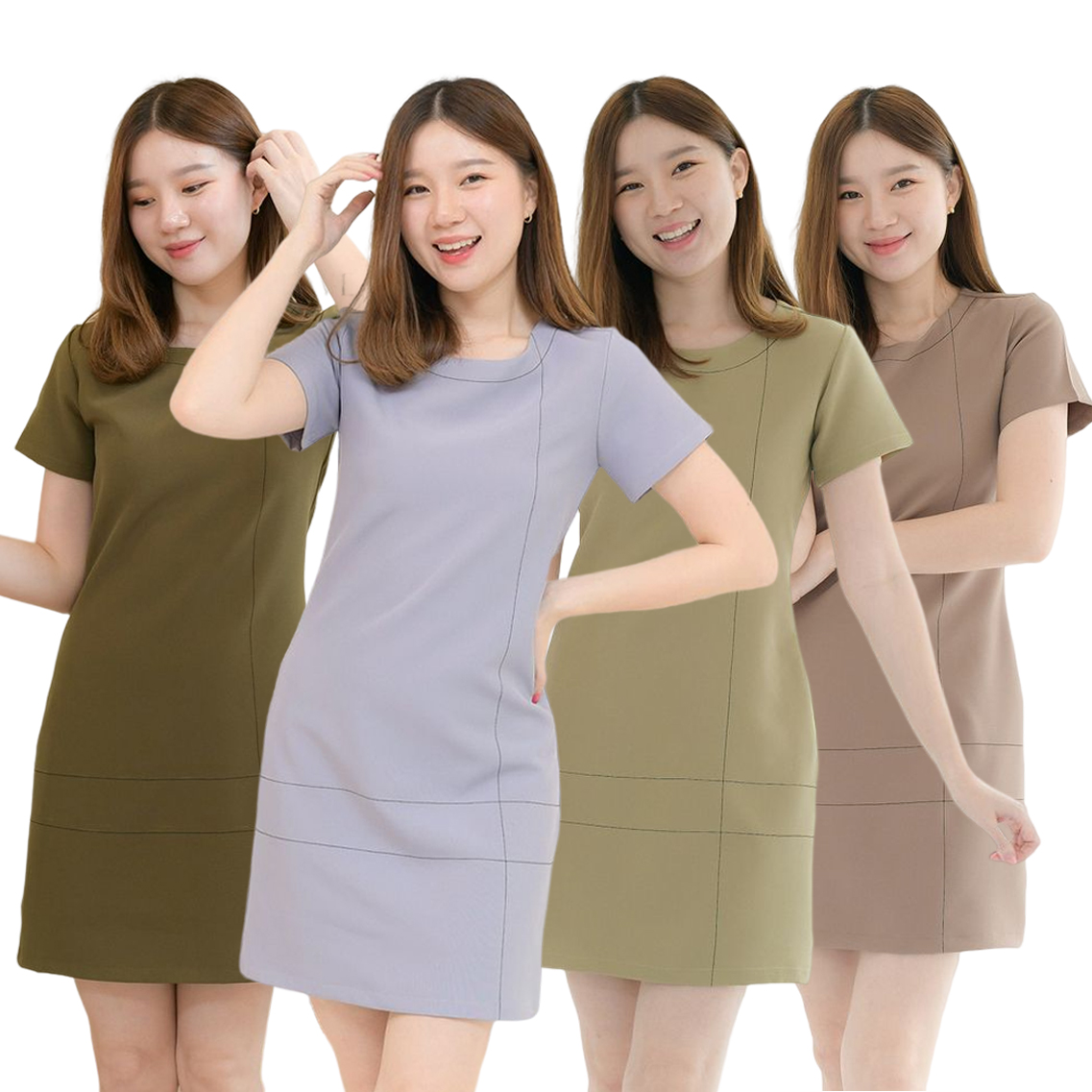 kudapy เดรสแขนสั้นสีน้ำตาล/สีมัทฉะ/สีเทาฟ้า คอกลม ทรงเบสิคใส่สวย แต่งเส้นด้ายด้านหน้าเพิ่มกิมมิคเล็กๆ