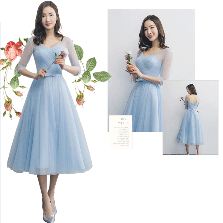 kudapy ชุดเดรสราตรียาวใส่ออกงานสีฟ้าอ่อน คอวี แขนสามส่วน กระโปรงทรงเอบาน สวยหรู ชุดเดรสออกงานผ้าโปร่งสีฟ้าอ่อน เสื้อคอวีด้านหน้าพับจีบผ้าสวยหรู