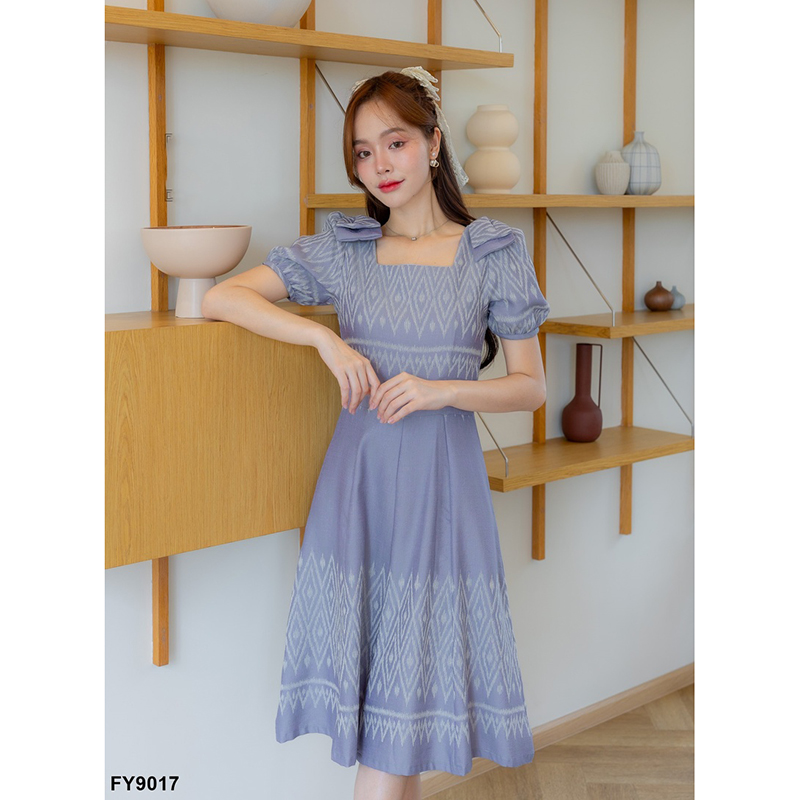 kudapy เดรสสั้นสีเทา/สีส้ม ทรงบานแต่งโบว์ไหล่ 2 ชั้น