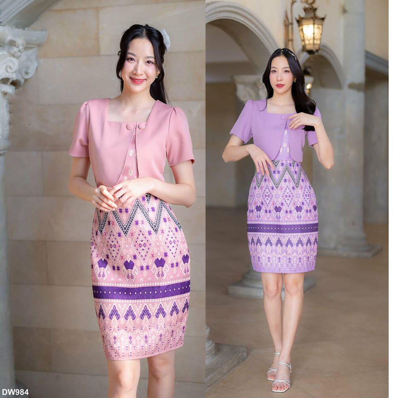 kudapy เดรสสั้นสีชมพู/สีม่วง ผ้าทอกั๊กพื้นกระโปรงลายไทย