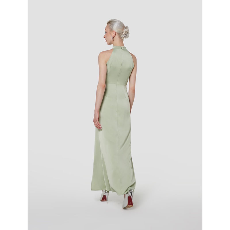 kudapy เดรสยาวสีแดงไวน์/สีเขียว/สีคาราเมล/สีเชมเปญ คอกลมเปิดไหล่ กระโปรงผ่าหน้า ใส่ออกงานสวยดูดี