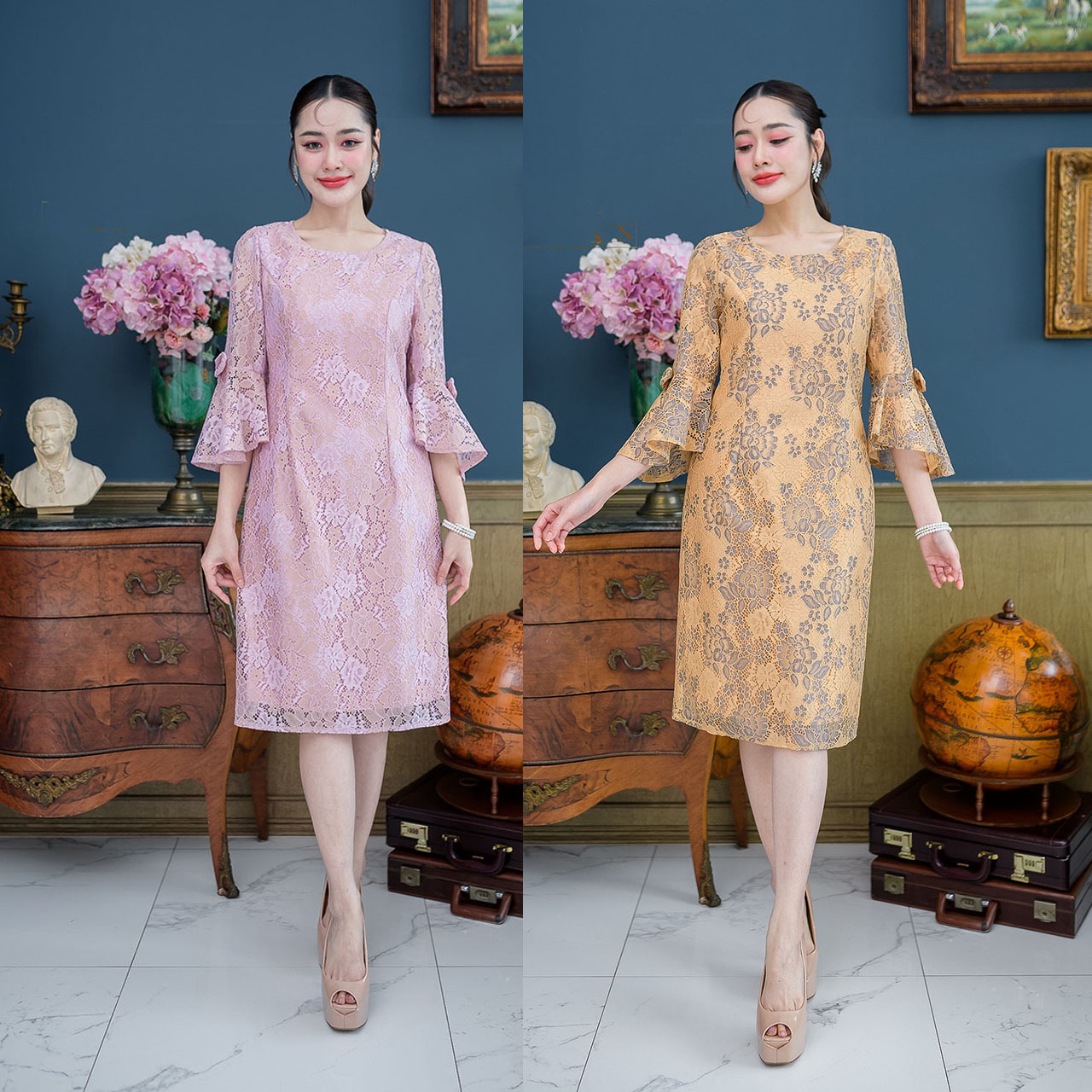 kudapy เดรสสั้นสีชมพู/สีเหลือง ผ้าลูกไม้คอกลม แขนยาวห้าส่วน ช่วงแขนเป็นระบาย แต่งโบว์ทั้งสองข้าง