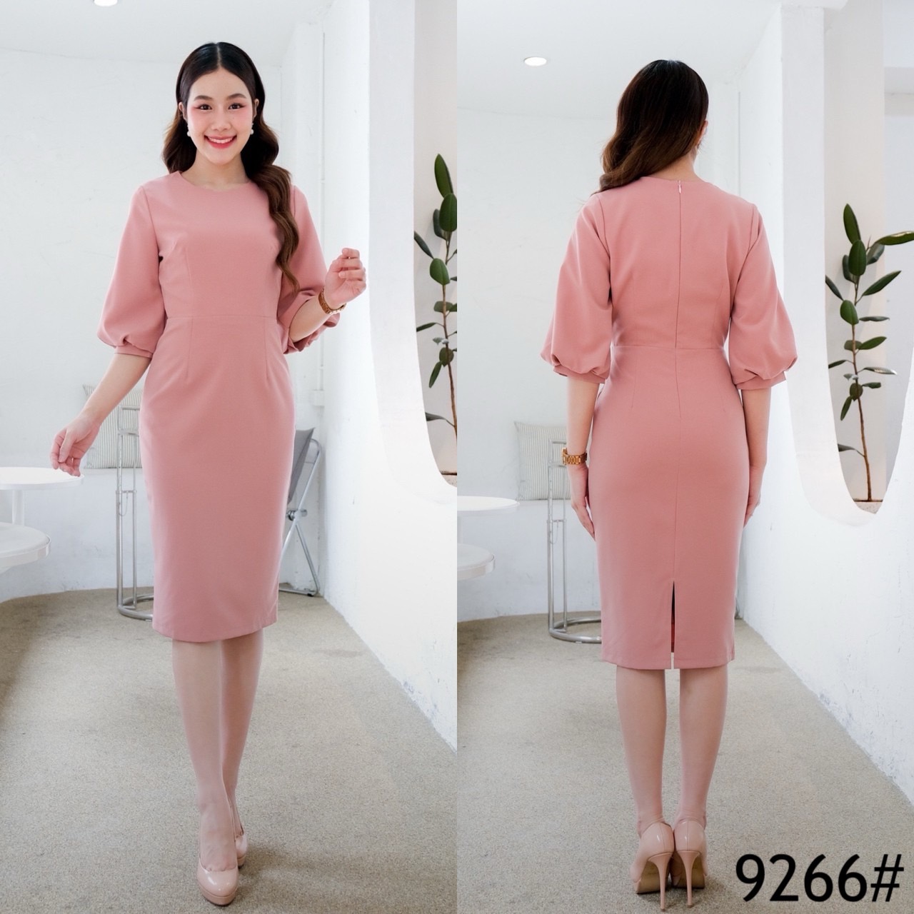 kudapy เดรสสั้นสีดำ/สีชมพู/สีครีมเบจ/สีแดง/สีน้ำเงิน/สีเขียว/สีครีมนู๊ด กระโปรงเก็บทรง แขนสามส่วนปลายพอง